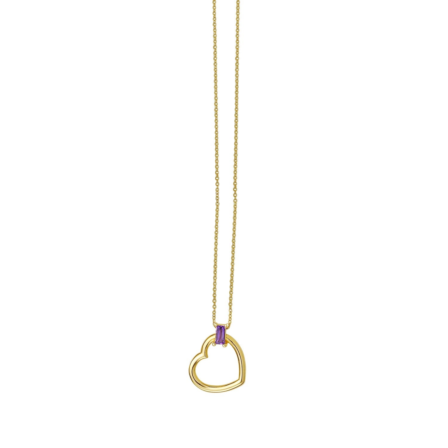 Amethyst Baguette Heart Necklace in 14K Yellow Gold in a sleek high-contrast midnight luxury editorial style